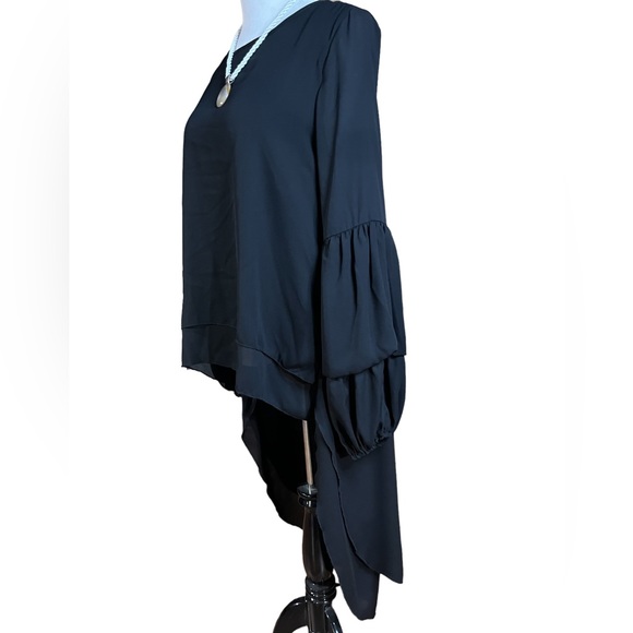 PrettyGarden Black High Low Bubble Sleeve Chiffon Blouse Drama Asymmetrical Top‎ - Picture 6 of 6